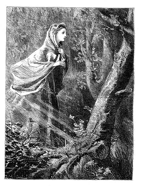 illustrations, cliparts, dessins animés et icônes de jeune femme marchant à travers bois de nuit 1867 magazine - antique engraved image moonlight night