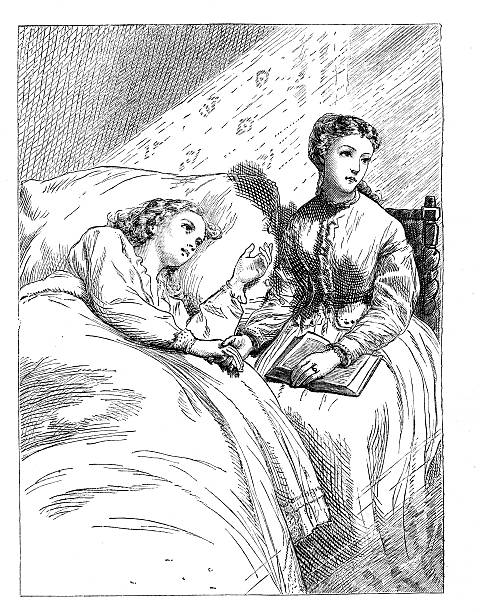 молодая женщина в смерти кровать друга в прикроватные 1867 magazine - antique bed stock illustrations