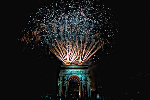 istock Happy new year and merry xmas fireworks on triumph arc 471314102