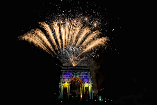 istock Happy new year and merry xmas fireworks on triumph arc 471314126