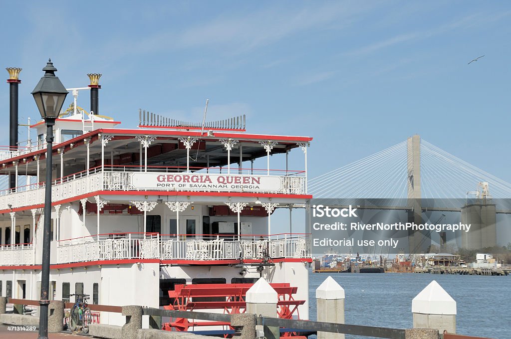 Georgia Queen Riverboat Savannah, Georgia, USA - March 4, 2009: The Georgia Queen Riverboat on the Savannah River in downtown Savannah, Georgia, with Talmadge Bridge in the background. The Georgia Queen is operated by the Savannah River Boat Cruise Company and offers visitors and residents cruises of the Savannah River. Georgia - US State Stock Photo