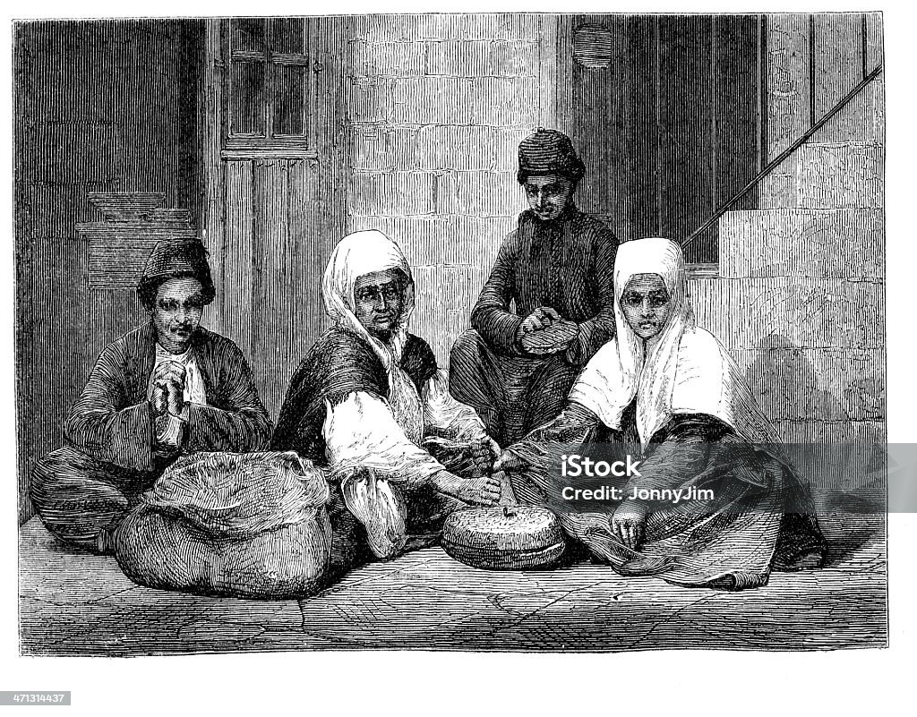 Palestinos peasents sentado en el suelo con molino de 1864 revista - Ilustración de stock de Agricultura libre de derechos