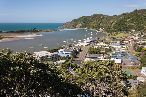 aerial view of Whakatane town and river in New Zealand