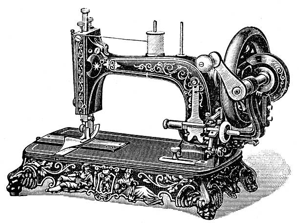 ilustrações, clipart, desenhos animados e ícones de máquina de costura - engraved image gear old fashioned machine part