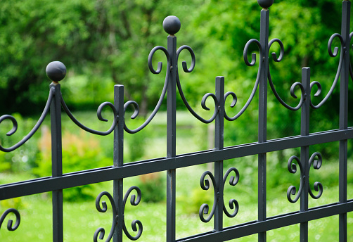 Black-painted iron fence, garden in the background. Converted from Nikon RAW.    