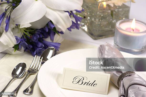 Brides Place Setting At A Wedding Reception Stock Photo - Download Image Now - Banquet, Bouquet, Bride