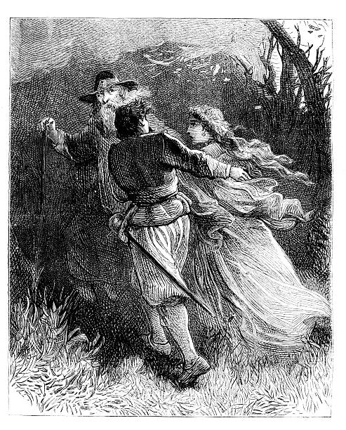 illustrations, cliparts, dessins animés et icônes de couple étant guidé par homme barbu dans les montagnes 1868 magazine - antique engraved image moonlight night