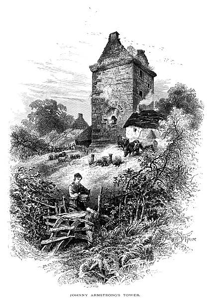 Johnny Armstrong's Tower, Gilnockie, Dumfriesshire Johnny Armstrong's Tower, Gilnockie, Dumfriesshire. Illustration from "Picturesque Europe - The British Isles" published by Cassell Petter & Galpin in 1875 (price 2/6d). life stile stock illustrations