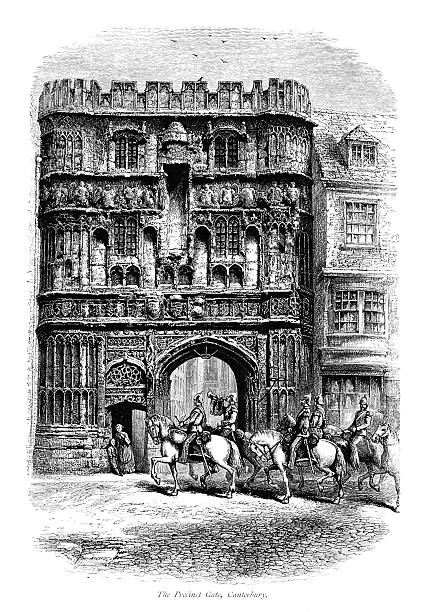 The Cathedral Precinct Gate, Canterbury The Cathedral Precinct Gate, Canterbury, Kent. Illustration from "Picturesque Europe - The British Isles" published by Cassell Petter & Galpin in 1875 (price 2/6d). canterbury uk stock illustrations