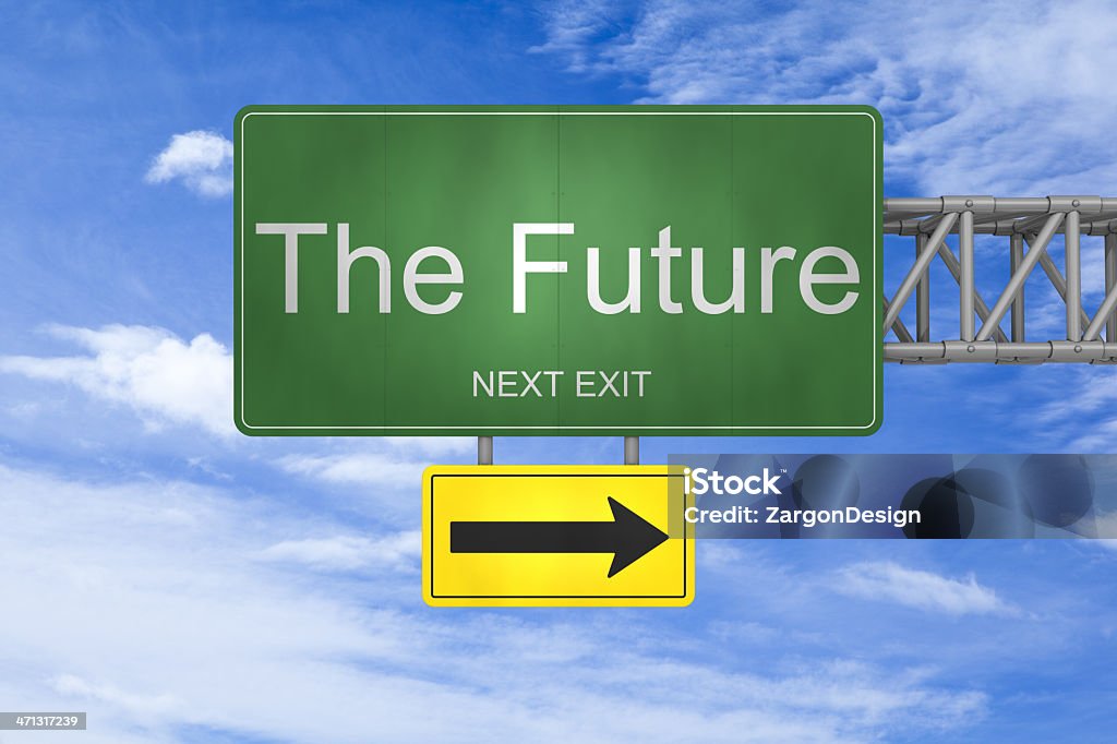 The future Large Road Sign with the words "The Future next exit" featured. Could be useful in a business composition. Arrow Symbol Stock Photo