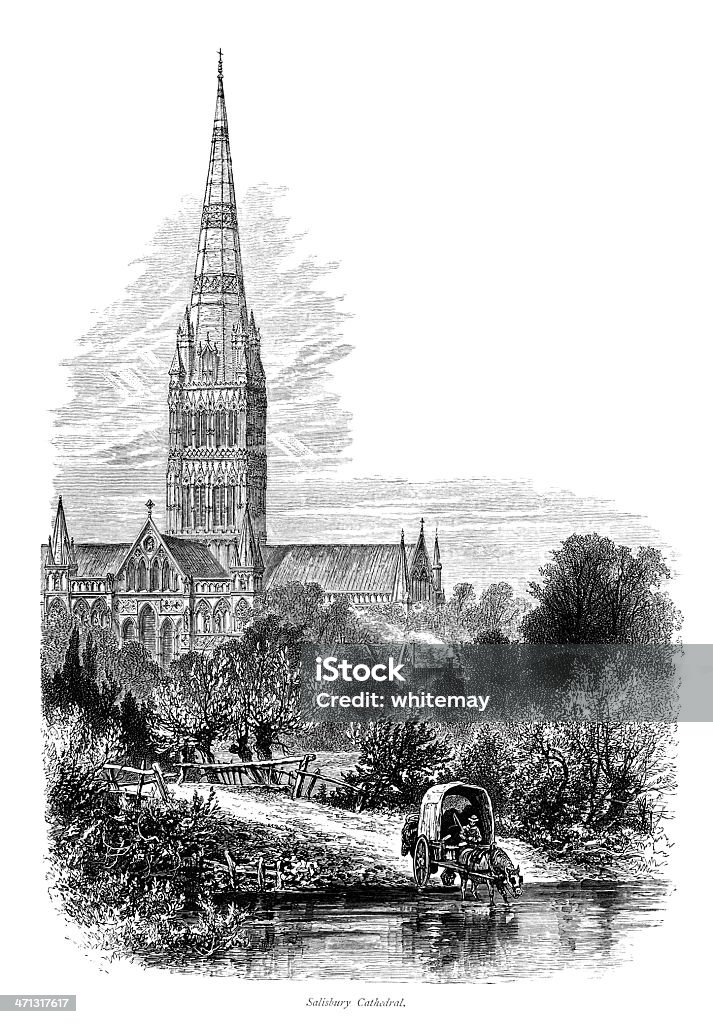 Victorian Gravur der Kathedrale von Salisbury - Lizenzfrei Fluss Stock-Illustration