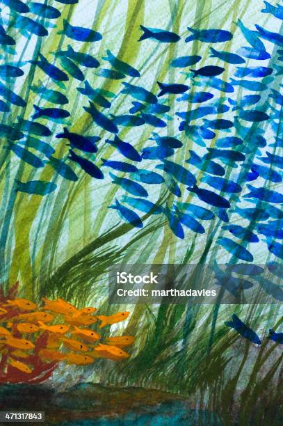 Sea워터컬러 미만 물고기 떼에 대한 스톡 벡터 아트 및 기타 이미지 - 물고기 떼, 수채화, 감청색