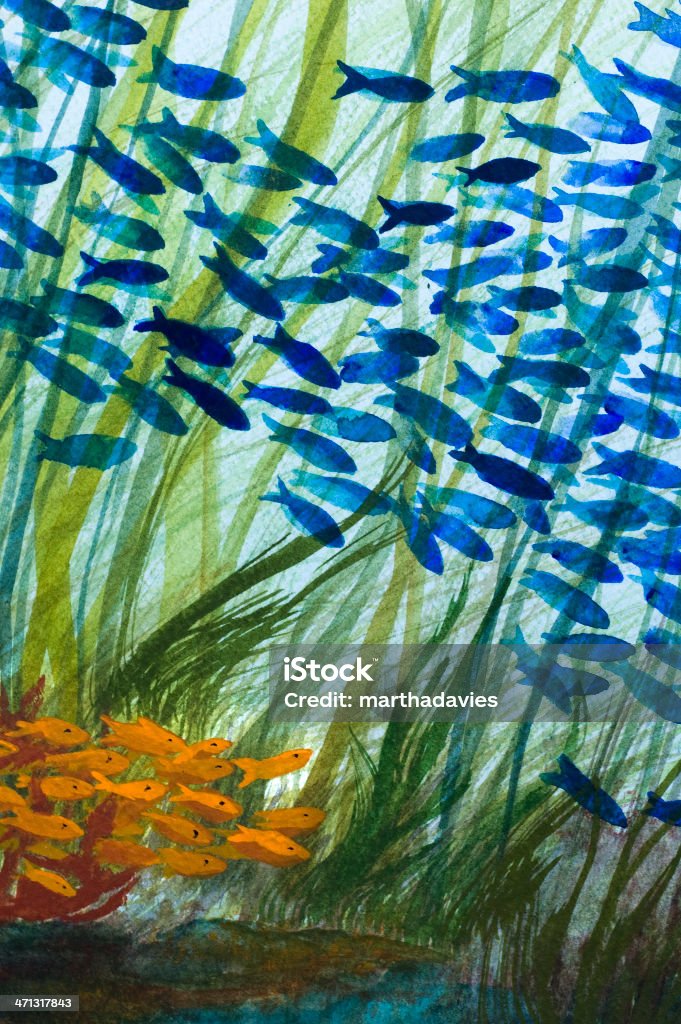 Watercolor в море - Стоковые иллюстрации Косяк рыб роялти-фри