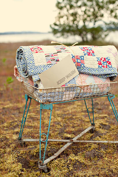 Antique Basket with Blankets and Sign