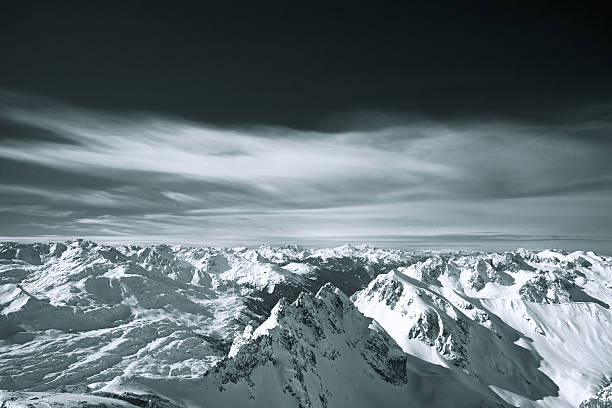 Panoramic view of St. Anton am Arlberg ski area, Austria. ST. Anton am Arlberg ski area (ST. Anton, Lech, Zurs, Stuben, St. Christoph), located in Tyrol, Austria on Alps. Highest peak is Valluga 2810m. Ski resort is famous for \