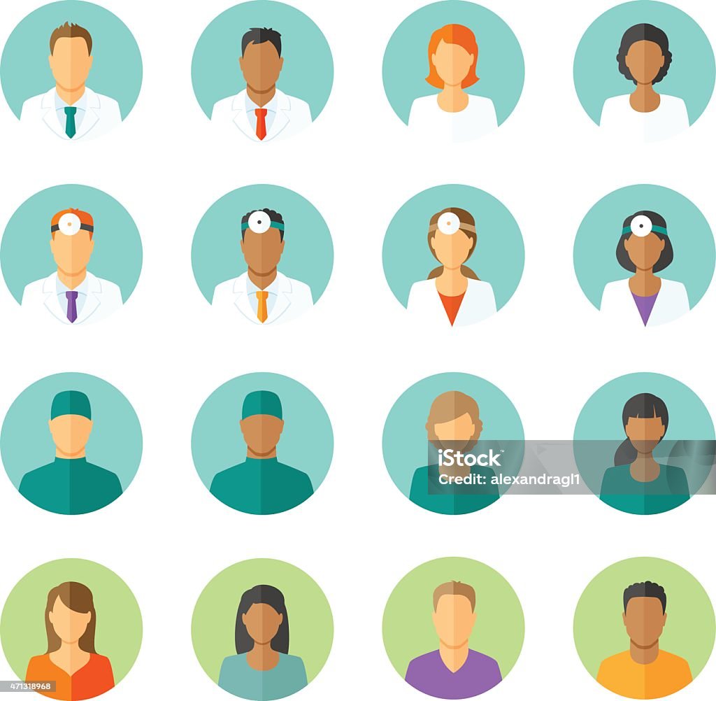 Flat avatars of doctors and patients for medical forum Set of round avatars different medical stuff like general doctor, therapist, surgeon and otolaryngologist. Also icons of patients for medical forum Patient stock vector