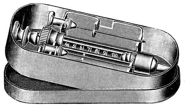 шприц - engraved image surgery isolated metal stock illustrations