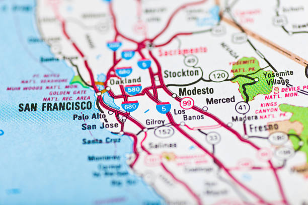 San Francisco, CA map San Francisco,CA .Source: "World reference atlas"  usa road map selective focus macro stock pictures, royalty-free photos & images