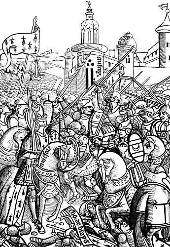 old wooden engraving of medieval battle