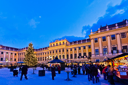 Vienna, Austria - December 13, 2010: tourists at the tiny Christmas market in front of the Schonbrunn Palace. Thanks to its intimate and cozy atmosphere, this is one of the most attractive markets in Vienna, where you can find your perfect Christmas gift among the fragrance of cakes, ginger bread, mulled wine hot punch.