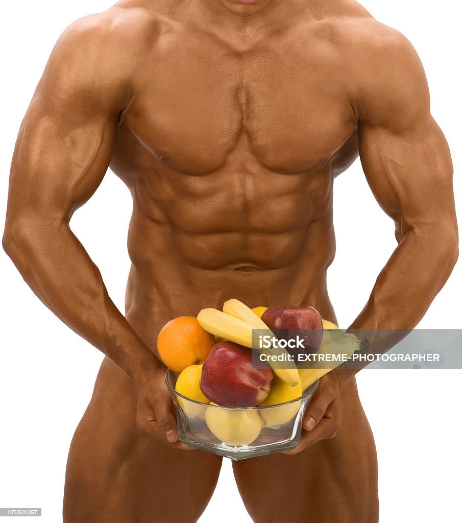 Corpo maschio con frutta - Foto stock royalty-free di A petto nudo