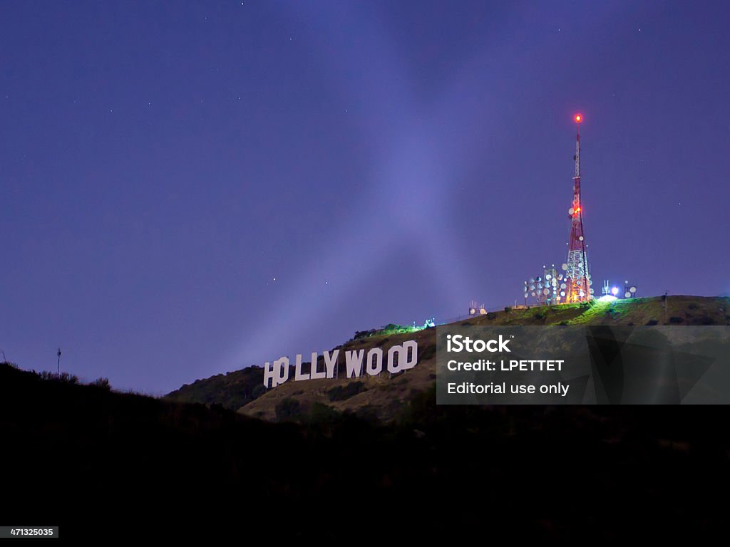 Hollywood Sign at night Los Angeles, USA - July 30, 2011: A long exposure photograph of the Hollywood Sign. The Hollywood Sign is a famous landmark in the Hollywood Hills area of Mount Lee in the Santa Monica Mountains. Hollywood Sign Stock Photo