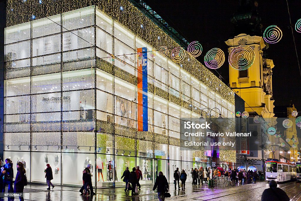 Department store at Christmas, Linz Linz, Austria- December 18, 2008: the sparkling building of Peek &amp; Cloppenburg, the international brand of fashion, is decked out for Christmas. The department store overlooks the Linz Landstrasse, the second largest shopping street of Austria, after Mariahilfer Strasse in Vienna. Christmas Stock Photo