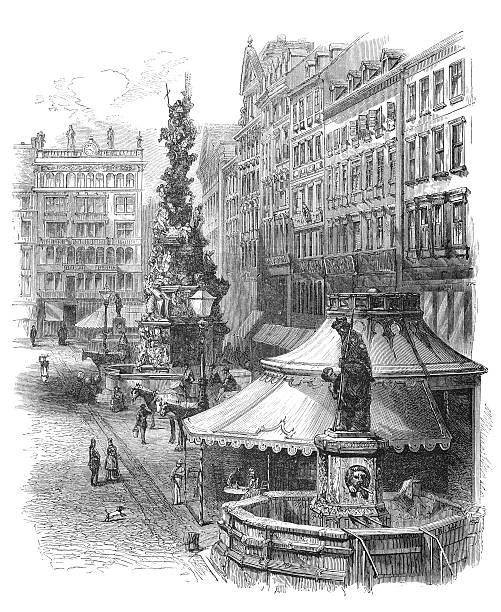 dig Der Graben (German, literally, "the trench") is one of the most famous streets in Vienna's first district, the city centre. Old Engraving fom The Leisure Hour magazine, june 1873. graben vienna stock illustrations