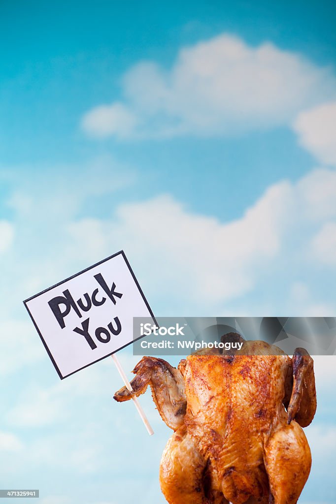 Thanksgiving turkey holding sign A roated turkey holding a sign that reads "gobble til you wobble".A roated turkey holding a sign that reads "Pluck You". Bird Stock Photo