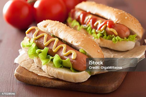 Hot Dog With Ketchup Mustard And Lettuce Stock Photo - Download Image Now - Hot Dog, Sausage, 2015