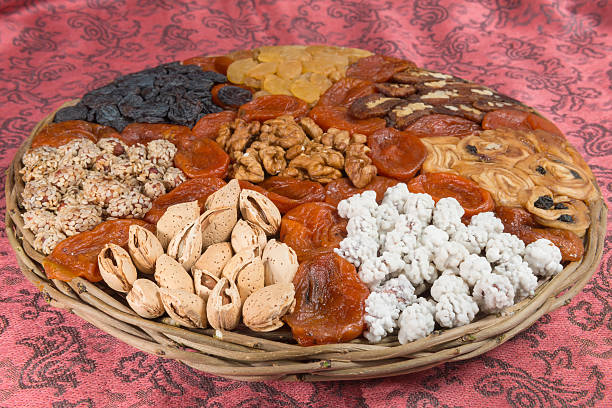 istock Assorted nuts and dried fruits in wicker plate 471329036