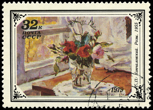 A Stamp printed in USSR shows Roses (1955), by P. P. Konchalovsky, from the series \