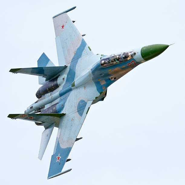 Flying Su-34 Moscow, Russia - August, 19 2011: Russian fighter Su-34 flying at MAKS airshow supersonic airplane editorial airplane air vehicle stock pictures, royalty-free photos & images