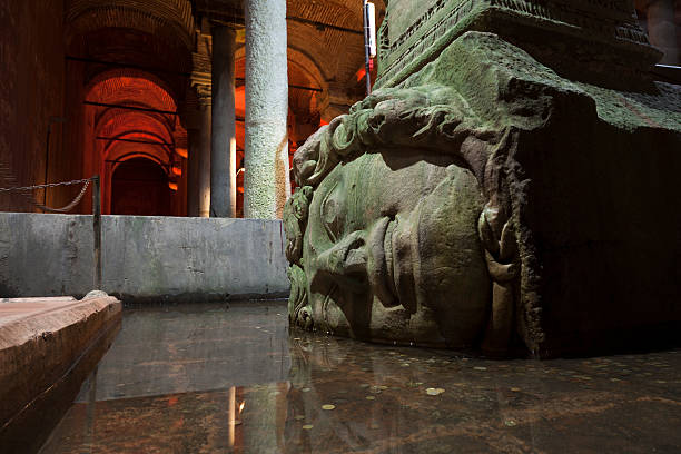 Back of young blonde woman exploring underground Basilica Cistern in Istanbul