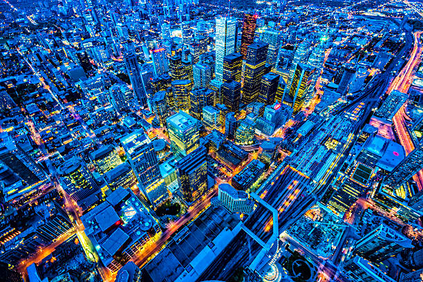 Toronto financial district cityscape at dusk, Ontario, Canada. View from CN tower. Selective focus in the middle of image. Check details on zoomed image.