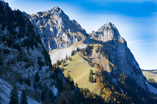 Alpine Scenery at Mythen Massiv, seen from Holzegg, Schwyz Canton, Switzerland 