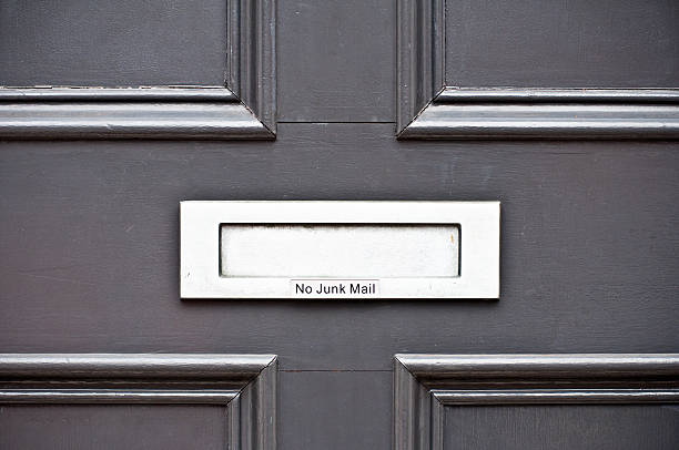 istock Silver slot on door with engraved text rejecting junk mail 471336135