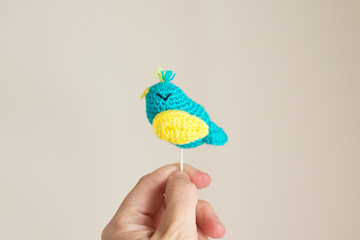 One hand holding up a crochet bird.
