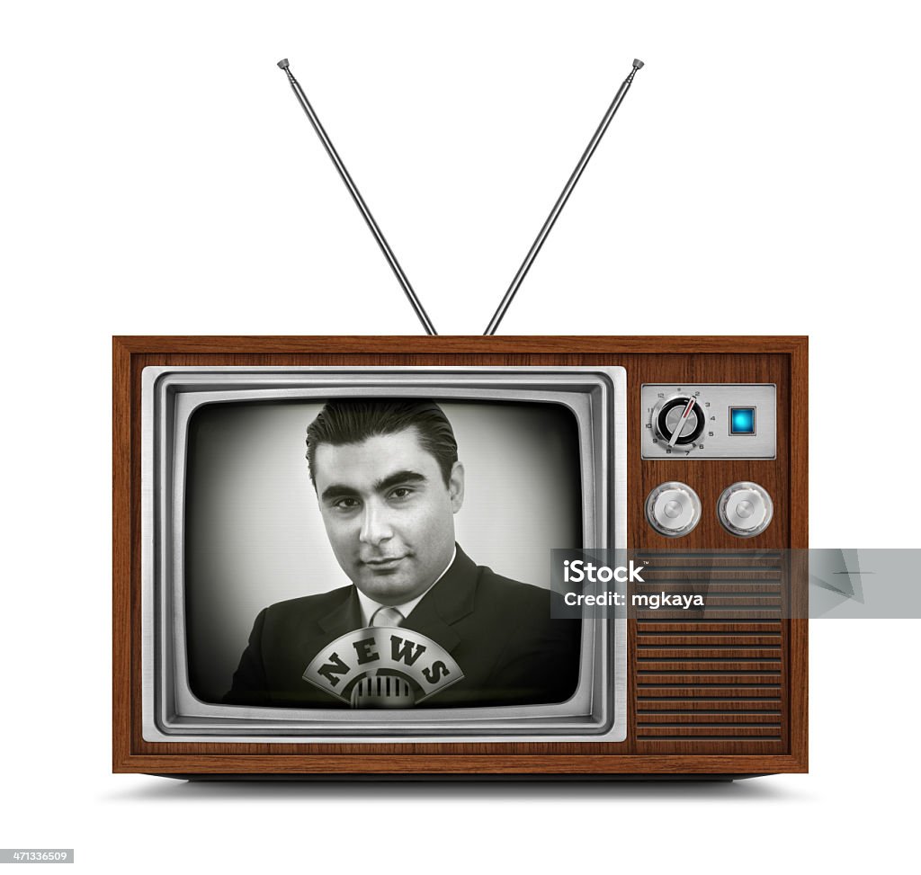 News on Wooden Television Wooden vintage black and white TV with retro anchorman, microphone and "NEWS" logo on the screen. TV has a wooden body, metallic buttons and antenna. Isolated on white background. Retro Style Stock Photo