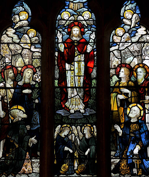 Detail of a stained glass window in an ancient English church dating from the 19th Century