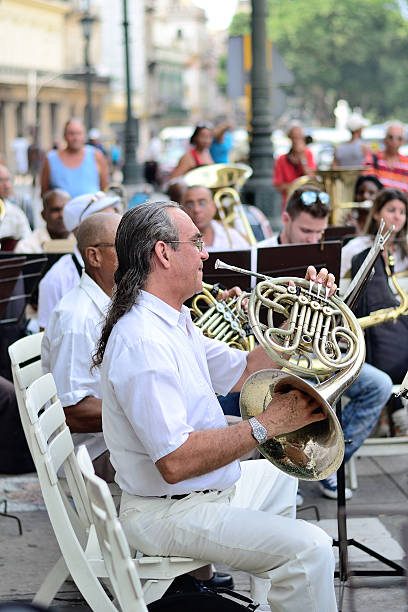 músico toca com trompa em uma orquestra. - brass band french horn brass instrument music - fotografias e filmes do acervo