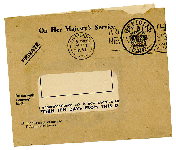 istock British overdue income tax letter and envelope, 1953 471340681