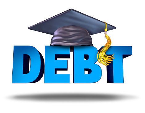 Student debt financial concept as a graduation mortar board on the word for school tuition loan repayment or lending and education financing symbol for university and college students on a white background.