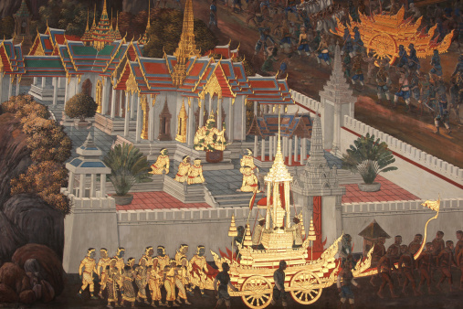 Wall Painting at Wat Phra Kaeo Bangkok, Thailand Scenes from the famous epic “Ramayana or Ramakien”  ,(Fresco – longest in the world – from 19 century ,artist: unknow)