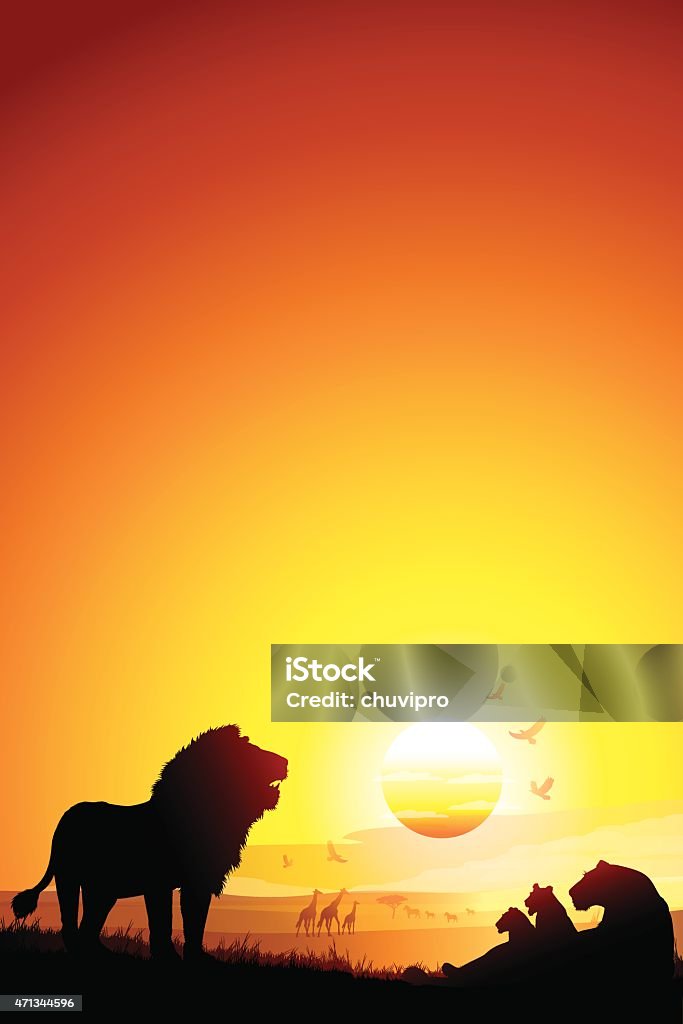 Manada de leones en África savanna siluetas en la puesta de sol - arte vectorial de Puesta de sol libre de derechos