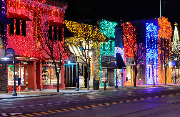 Large Decorated Christmas Tree at Night while it's Snowing in Hamilton, Ontario, Canada