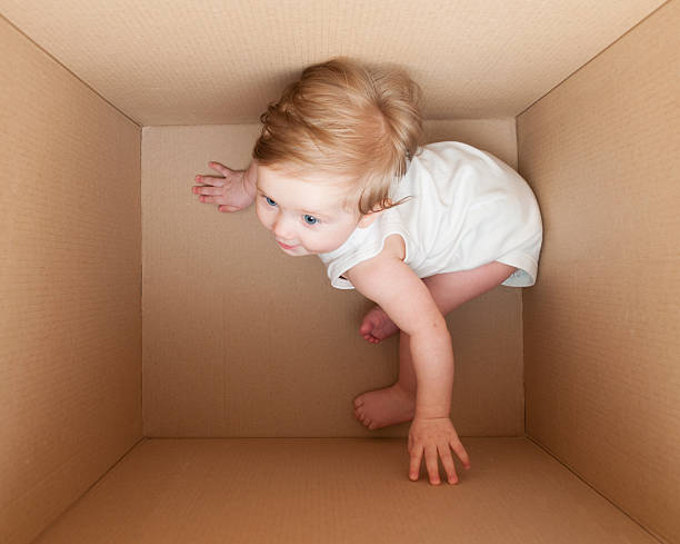 istock Young child plays in the box. 471345880