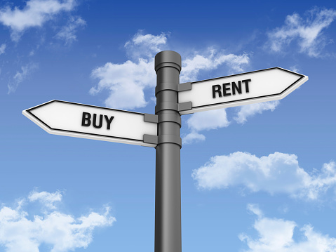 Directional Sign with BUY RENT Words and Sky