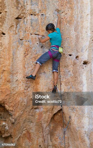 Woman Rockclimbing In Kalymnos Stock Photo - Download Image Now - 2015, Activity, Adult