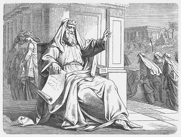 King Solomon: "All is vanity!" (Ecclesiastes 2), published in 1877 King Solomon: "All is vanity!" (Ecclesiastes, Chapter 2) Woodcut engraving after a drawing by Julius Schnorr von Carolsfeld (German painter, 1794 - 1872), published in 1877. religious text stock illustrations